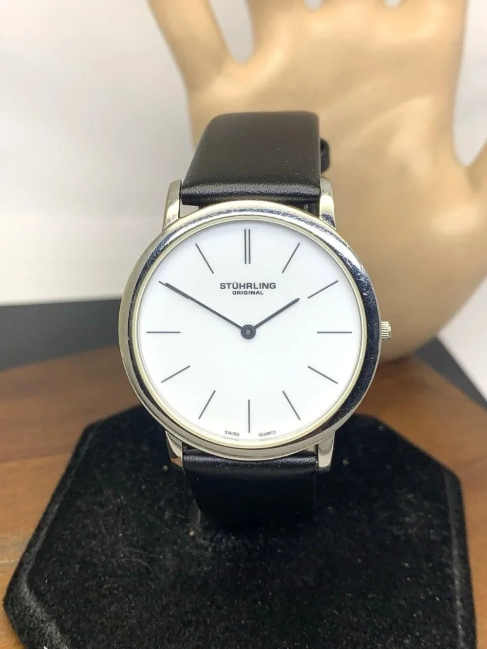 Stuhrling Mens Watch Swiss Quartz White Dial Silver Case Black Leather Band 38mm